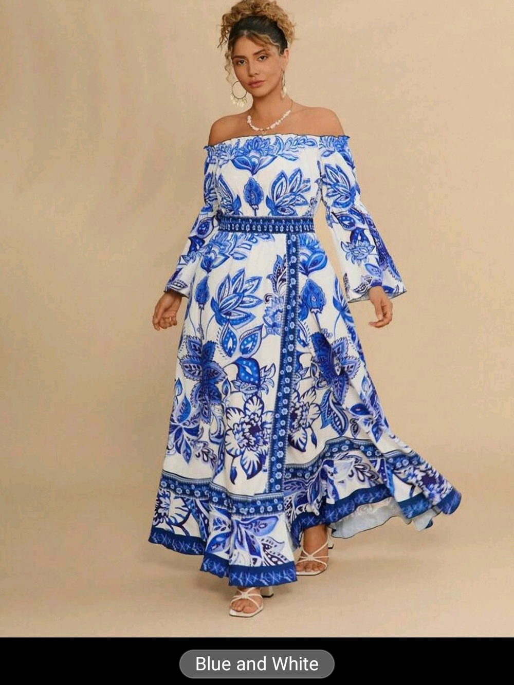 Off-Shoulder Blue & White Floral Maxi Dress